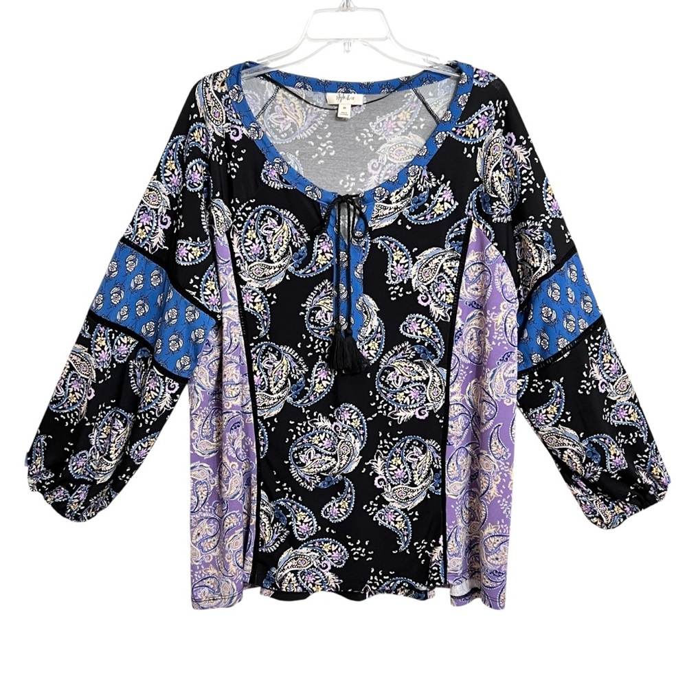 Style & Co Boho Peasant Patchwork Top 2X Multi Print Jersey Paisley Tassels